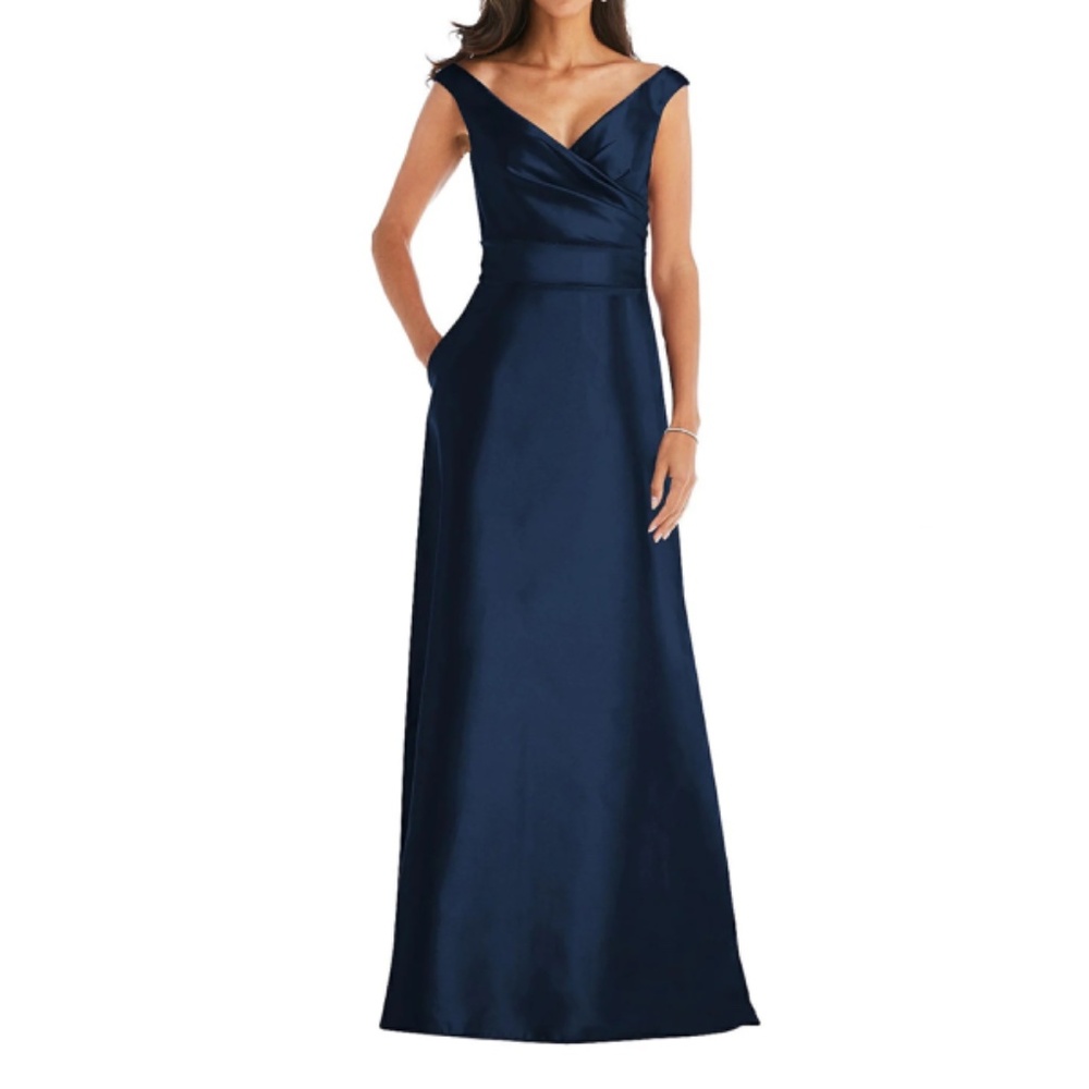 Alfred Sung Off the Shoulder Satin Maxi Dress in Midnight Navy Blue